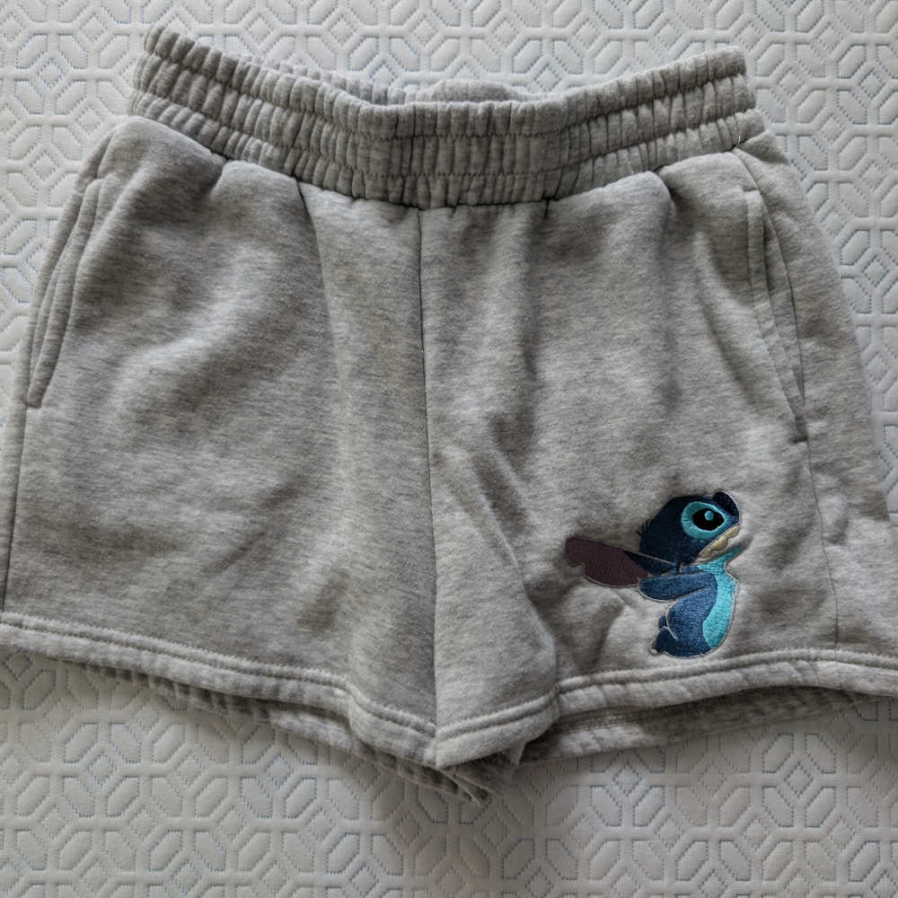 Disney Gray Stitch Shorts with Embroidered Character